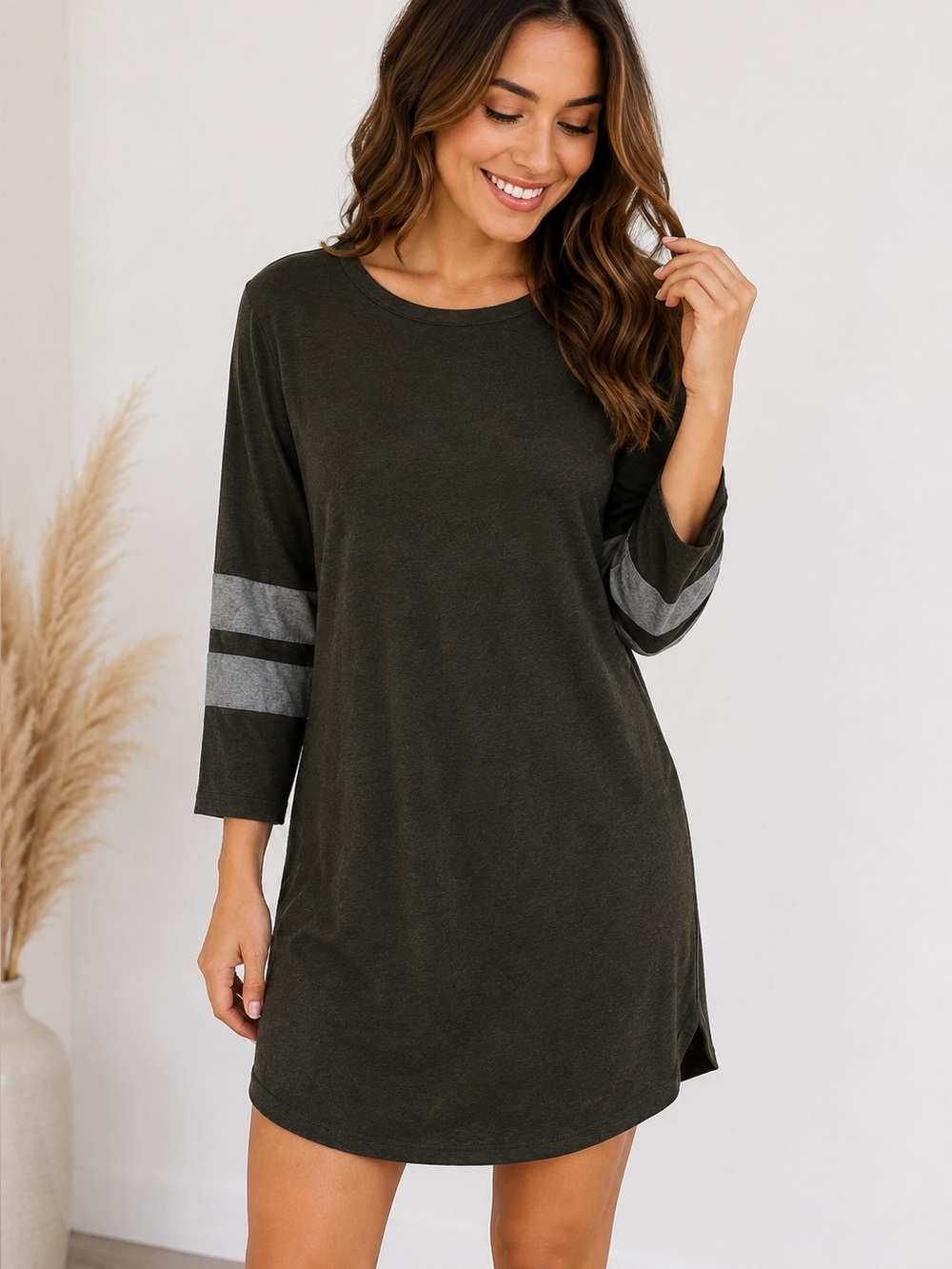 Spiritual Gangster Olive Green 3/4 Sleeve Tunic with Contrast Sleeve Strip